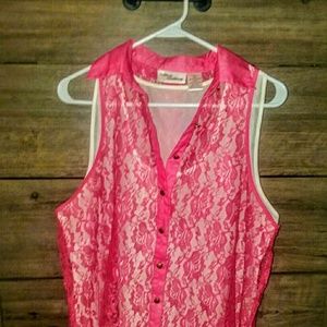 Sheer tank top and lace over shirt.